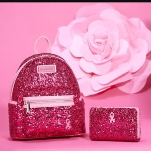 NWT Loungefly Breast Cancer Pink Ribbon Sequin Mini Backpack and Wallet
